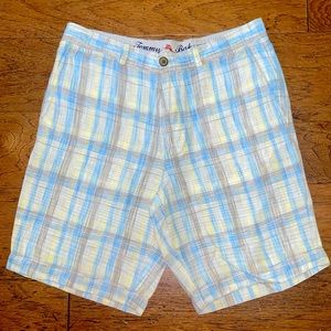 Tommy Bahama Mens  Linen/Tencel Flat Front Shorts Light Blue Plaid Size32